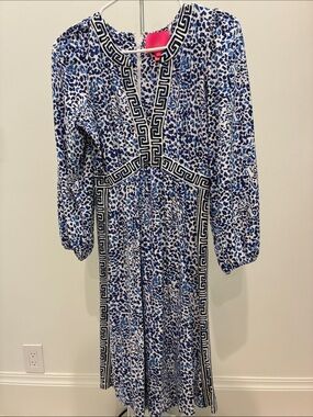 Lilly Pulitzer Blue Leopard Print Long Sleeve Midi Dress with Contrast Trim